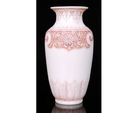 A late 19th Century Thomas Webb & Sons Ivory cameo glass vase of shouldered ovoid form below a flared collar neck, cut in the