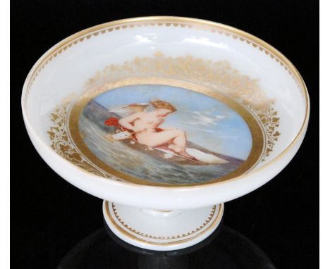 A 19th Century glass comport by A.J.F Christy of the Stangate Glassworks, London, with a shallow circular bowl enamel decorat