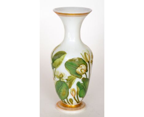A 19th Century Stourbridge glass vase in the manner of Richardsons, footed shouldered ovoid form with flared collar neck, ena
