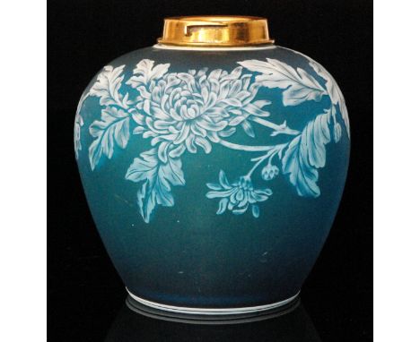 A late 19th Century Thomas Webb & Sons cameo glass oil lamp base of ovoid form, cased in opal over blue and cut with a chrysa