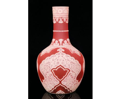 A late 19th Century Thomas Webb & Sons cameo glass vase in the Persian taste, shouldered ovoid body with tall collar neck cas