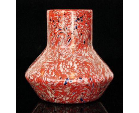 A large 1930s Monart Glass vase, shape B, of angular shouldered form with collar neck, enamel decorated in a Paisley Shawl de