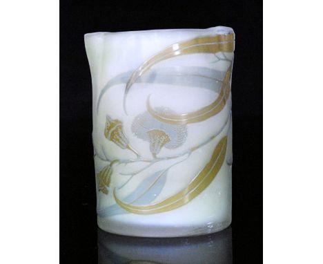 An early 20th Century Galle cameo glass vase of compressed cylindrical form with a lipped rim, cased in a tonal olive to jade