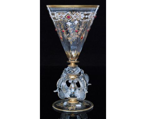 A large 19th Century Italian Facon de Venise, large conical bowl enamel and gilt decorated with repeat panels, scrolls and fo