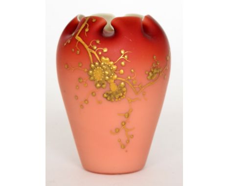 A late 19th Century Thomas Webb & Sons Peach blow satin glass vase of ovoid form with a tight frill collar, relief paste gilt