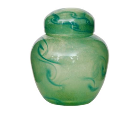 A 1930s Monart Glass ginger jar, shape Z, of shouldered ovoid form with collar neck and domed cover decorated with a turquois