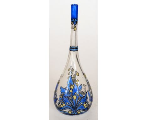 A small early 20th Century French enamel glass vase by Quenvit of compressed ovoid form with a slender drawn neck, hand ename