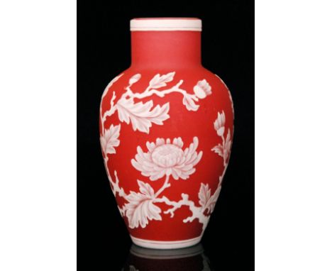 A late 19th Century Thomas Webb & Sons cameo glass vase of shouldered ovoid form with collar neck, cased in opal over ruby wi