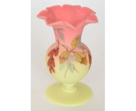A late 19th Century Thomas Webb & Sons Queens Burmese posy vase of footed spherical form with a collar neck and petal edge ri