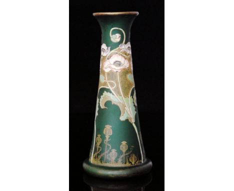 An early 20th Century Continental Art Nouveau vase in the manner of Mont Joye & Coe of footed tapered cylindrical form with f