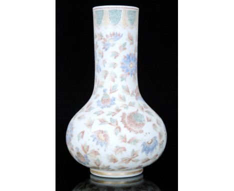 A late 19th Century Harrach glass vase of shouldered ovoid form with tall collar neck, enamel decorated in a needlepoint patt