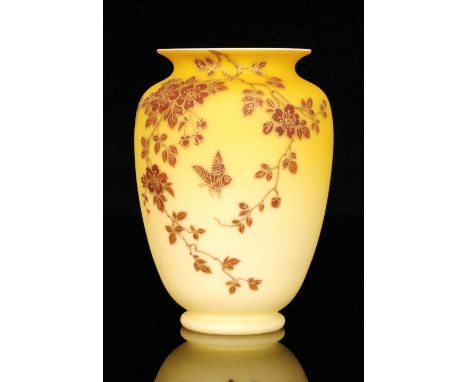 A late 19th Century Stourbridge glass vase of shouldered ovoid form with roll rim, enamel and gilt decorated with a flowering