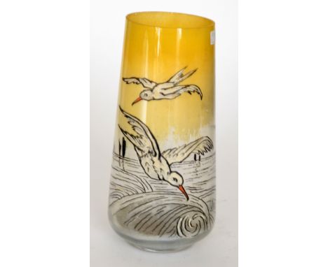 A 1930s French Legras Art Deco glass vase of tapered cylindrical form, enamel decorated with seagulls in flight to a graduate