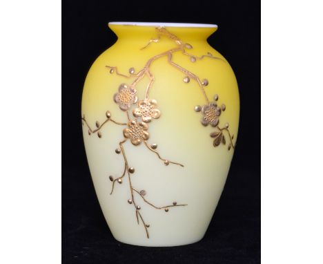 A small late 19th Century Thomas Webb & Sons satin glass vase, relief paste gilt decorated with a flowering blossom bough ove
