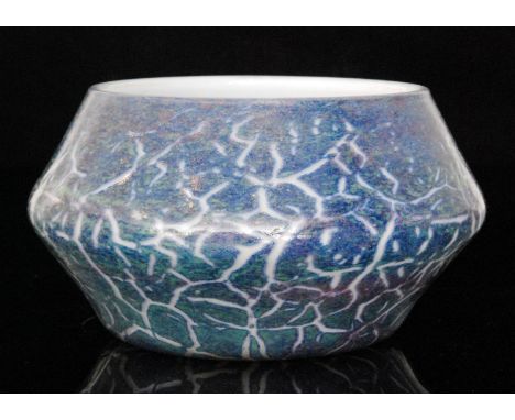 A large 1930s Monart Glass bowl, shape X, of angular shouldered form, decorated in a tonal blue and jade green Cloisonne fini