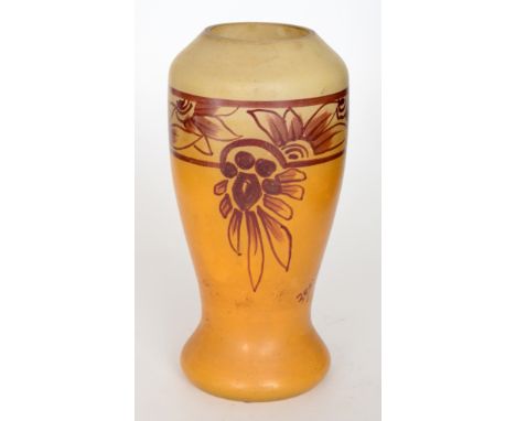 A 1930s French Art Deco glass vase by Legras of footed swollen sleeve form, transfer printed and enamel decorated with a scro