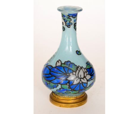 A small 1930s French Art Deco vase by Quenvit of swollen ovoid form with drawn collar neck, mounted to an ormolu base, hand e