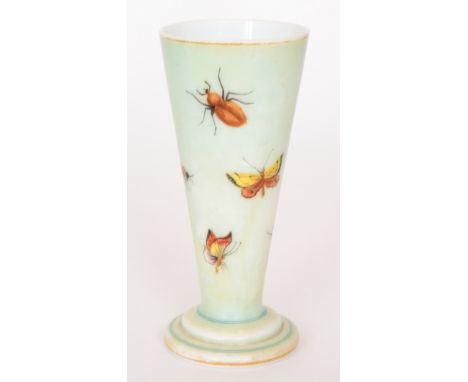 A 19th Century Continental glass vase of footed flared form, enamel decorated with various insects over an opaline ground, un