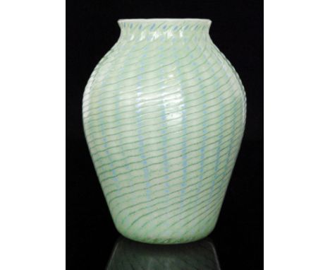 A 1930s Monart Glass vase, shape F, shouldered ovoid form with vertical fluted and wrythen spiral body below an everted neck,