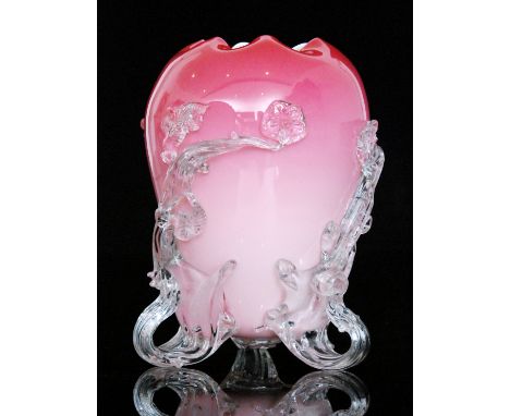 A late 19th Century Stevens & Williams Matsu Noke vase of ovoid form with wave rim, cased in dye away pink over opal and deco