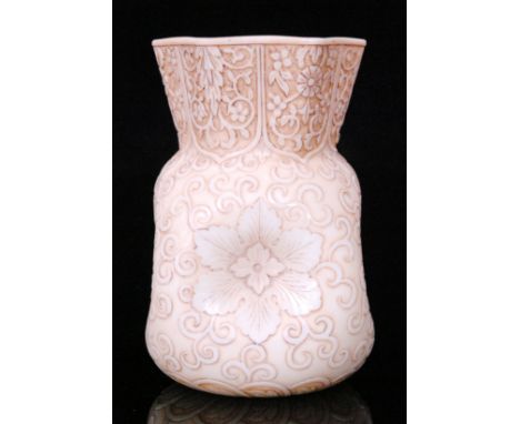 A late 19th Century Thomas Webb & Sons Ivory cameo glass vase of rounded square section with dimple sides below a hexagonal c