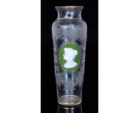 A late 19th Century Continental crystal glass vase of slender sleeve form with everted collar neck, decorated with an oval en