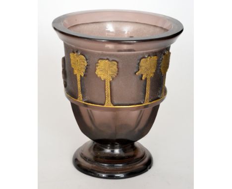 A 20th Century Moser vase of large bell form deeply acid cut with an upper classical style frieze picked out in gold over the