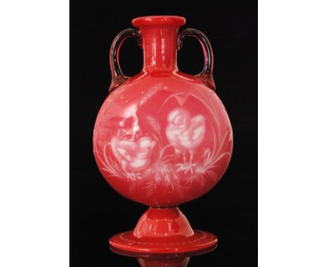 A 19th Century Thomas Webb & Sons vase with a domed foot below a moon flask body with collar neck and twin arched handles, ca