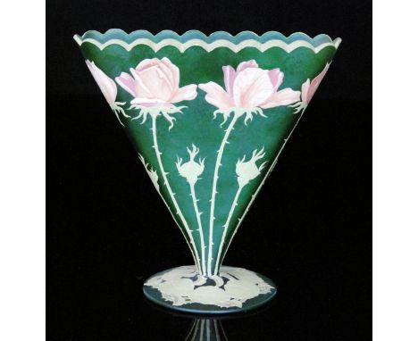 An early 20th Century Art Nouveau glass vase in the manner of Mont Joye & Cie of compressed fan form above a wide circular sp