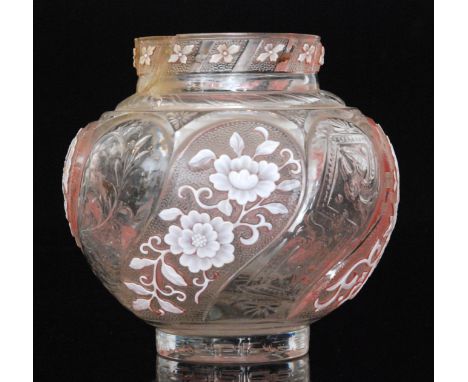 A late 19th Century Thomas Webb & Sons cameo glass vase in the Oriental taste, clear crystal shouldered ovoid body with colla