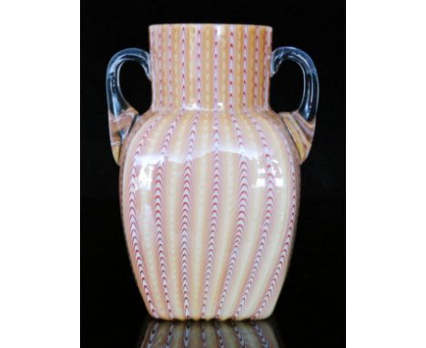A late 19th Century Stevens & Williams glass vase of shouldered square section with a circular collar neck and applied clear 