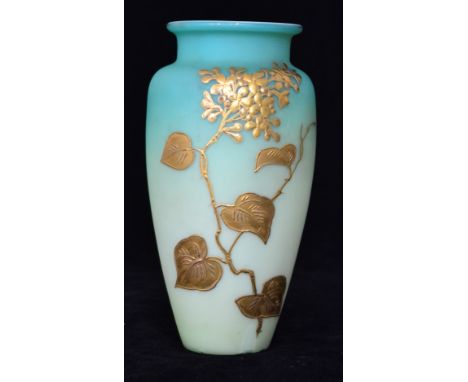 A late 19th Century Thomas Webb & Sons satin glass vase relief paste gilt decorated with a flowering bough over a dye away gr