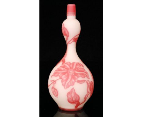 A late 19th Century Stevens & Williams Art Glass cameo vase of double gourd form cased in pink over opal and cut to the whole