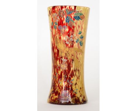 A late 19th to early 20th Century Continental glass vase, possibly Ernest Baptiste Leveille of waisted cylindrical form, enam