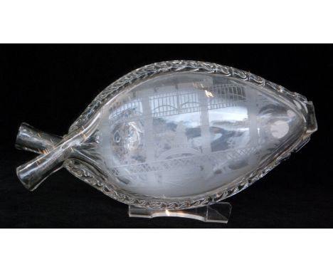 A 19th Century twin Gimmel flask, possibly Sowerby, of tear drop form engraved to one side with a view of the High Level Brid