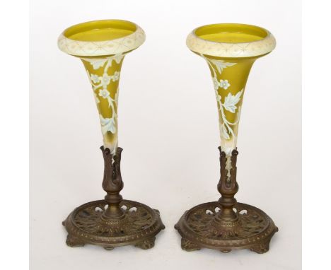 A pair of late 19th Century Stourbridge cameo glass vases, possibly Thomas Webb & Sons, each of trumpet form, cased in opal o