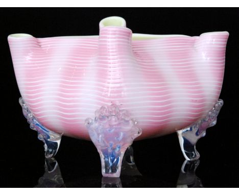 A late 19th Century Stourbridge glass posy bowl of circular form rising to a pinched quatrelobed rim, decorated with spiralle