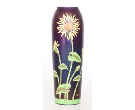 An early 20th Century Freiherr von Poschinger Art Nouveau Glass vase of tapered cylindrical form enamel decorated with stylis