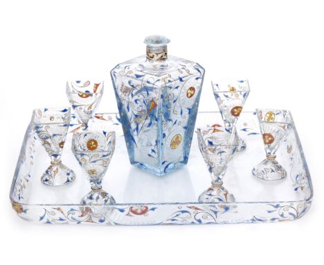 An early Emille Galle liqueur set comprising a flared square section, shouldered decanter with narrow collar neck and shallow