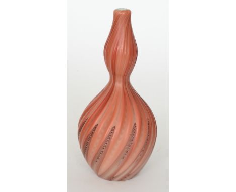 A late 19th Century Stevens & Williams Osiris vase of slender double gourd form, decorated with dark magenta spiral pull up l