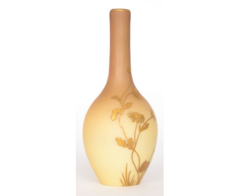 A late 19th Century Thomas Webb & Sons satin glass vase of slender globe and shaft form, relief paste gilt decorated with dai