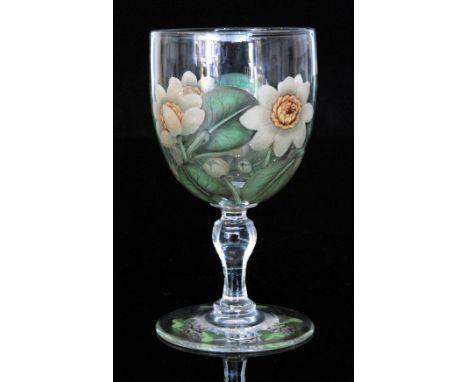 A mid 19th Century Richardsons goblet with an ovoid bowl enamel decorated with water lilies above an enamel painted baluster 