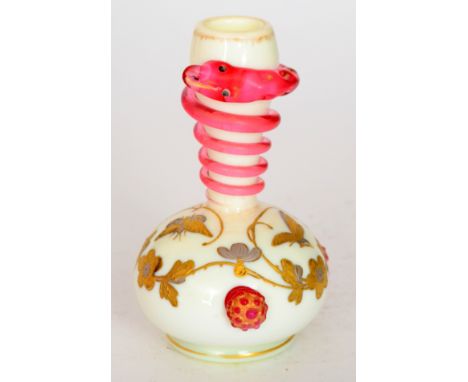 A late 19th Century posy vase by Edward Webb of globe and shaft form decorated with an applied ruby snake around the neck and