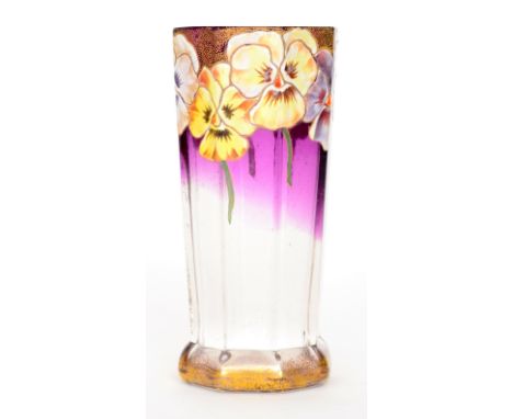 An early 20th Century Moser glass vase of footed octagonal sleeve form, gilt and enamel decorated with pansy flowers over a g