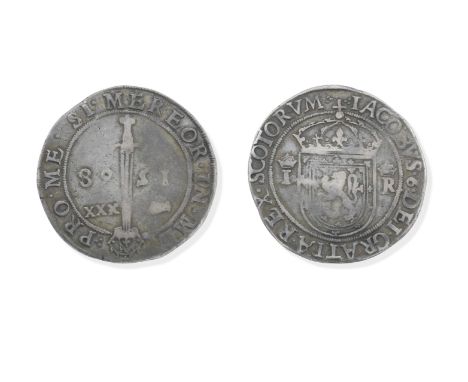 JAMES VI, FIRST COINAGE, RYAL OR SWORD DOLLAR, 1568Crowned shield dividing I R, R.crowned sword, pointing hand on left, XXX o