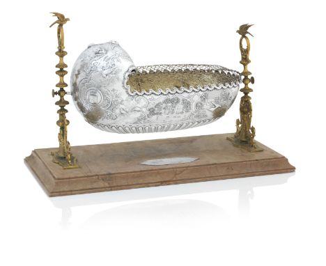 A LATE VICTORIAN SILVER CRADLE By Edward and Son, Glasgow, 1899The hooded cradle embossed and chased with Greenock Town Hall 
