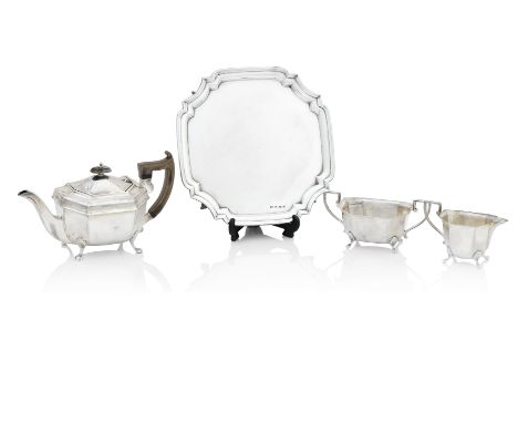 A GEORGE V THREE PIECE SILVER TEA SERVICE AND SALVERBy Viners, Sheffield, the service 1933, the salver 1933 The service of oc