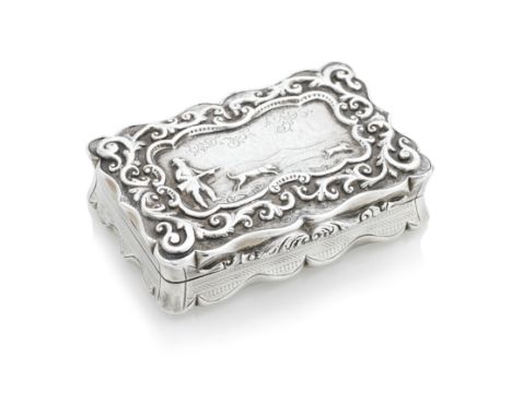 HUNTING INTEREST, A VICTORIAN SILVER SNUFF BOXBy Neill & Cook, Birmingham, 1861 Of shaped rectangular form, the lid with a sc