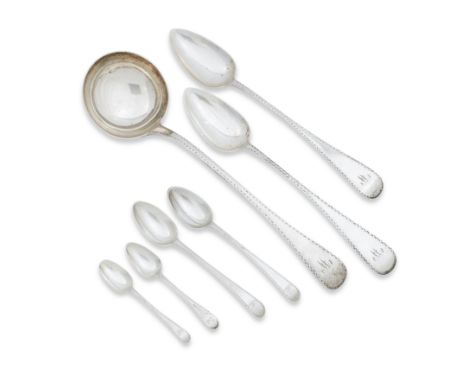 SIX GEORGE III FEATHER EDGE PATTERN DESSERT SILVER SPOONS,By George Smith (II), London 1778/79 together with a soup ladle of 