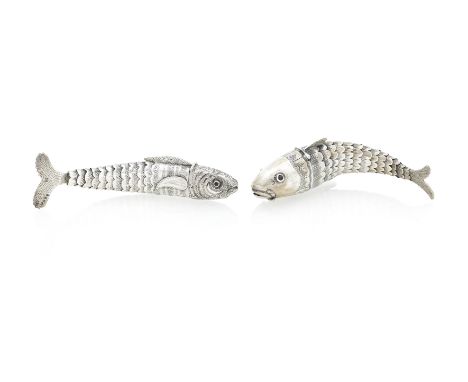 TWO CONTINENTAL ARTICULATED SILVER FISH19th century Both with engraved scales and facetted glass eyes, the first with import 